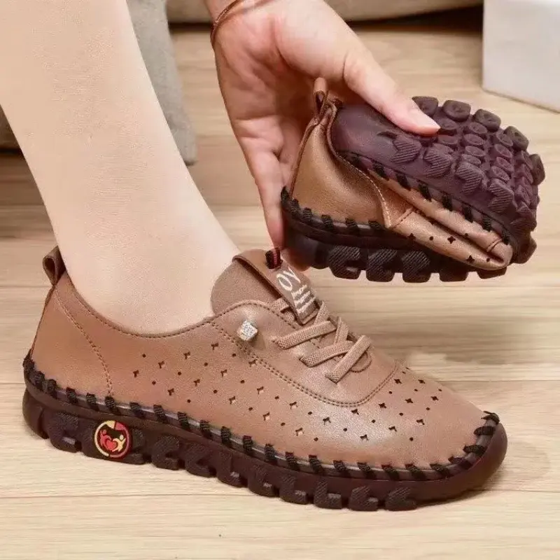 Sepatu pantofel wanita, sneaker kulit Pu sol lembut datar kasual anti Slip nyaman untuk ibu Fashion