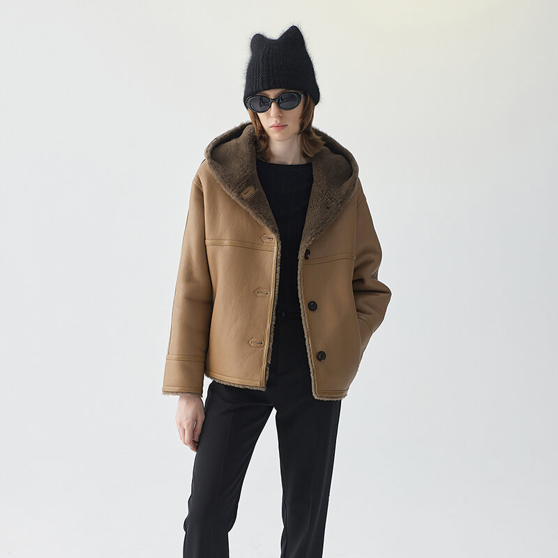 Cappotto di pelliccia reale con cappuccio in pelliccia di pecora Merino di lusso donna 2024 nuove giacche di lana di agnello invernale in pelle di pecora naturale calda addensata di fascia alta