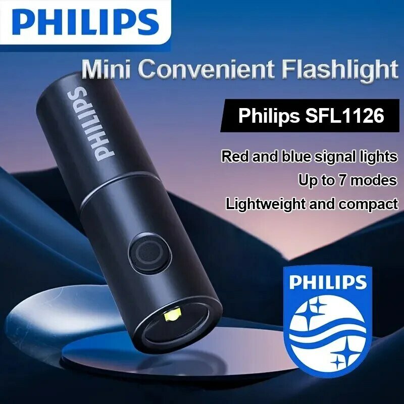 Senter Philips 1126, senter portabel tipe-c EDC dengan 4 mode pencahayaan untuk pertahanan diri dan berkemah
