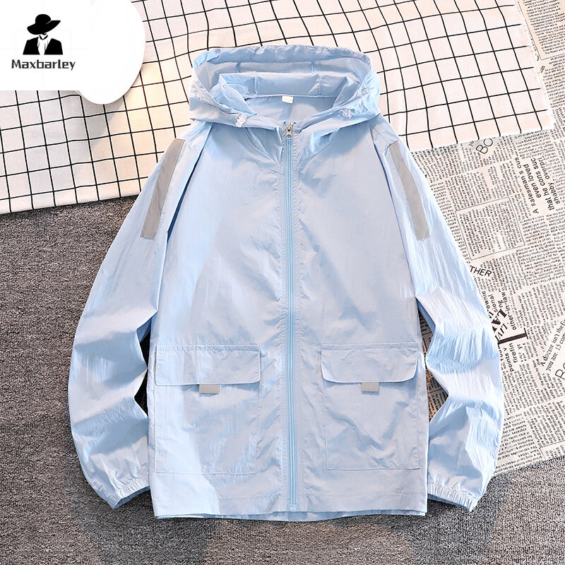 Jaqueta leve com capuz solar masculina, casaco casual, proteção UV fria, unissex, camping, corta-vento, verão, nova moda
