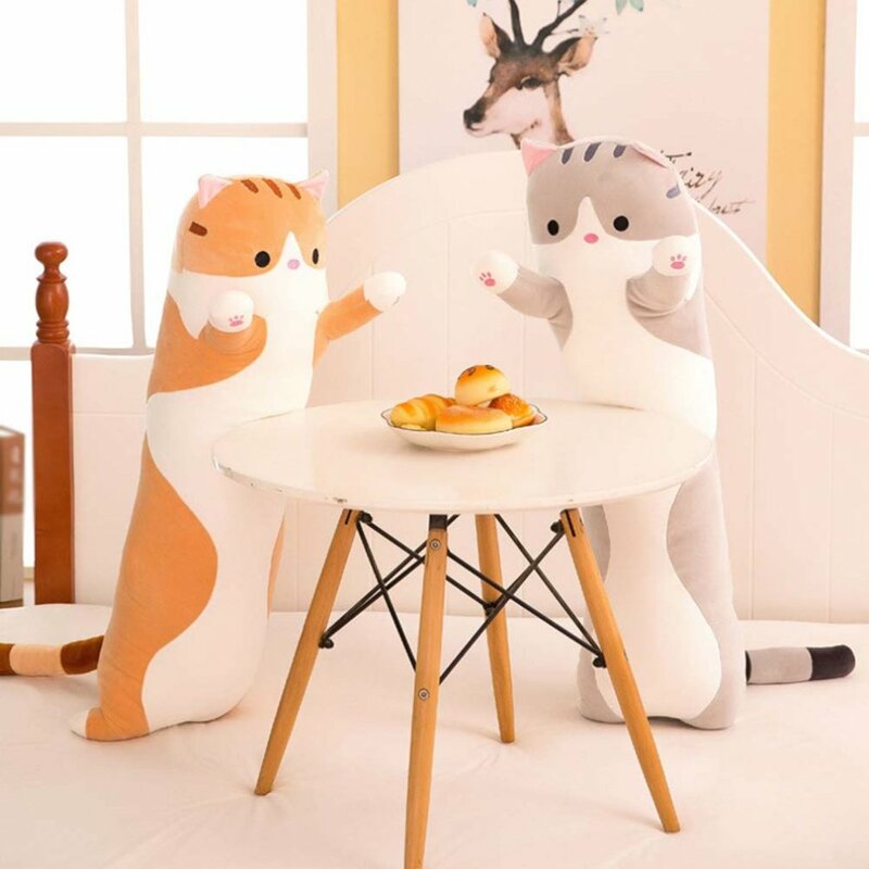 Bonito travesseiro macio e longo gato, gatinho recheado, travesseiros de joelho, brinquedos de pelúcia para dormir, presente para crianças e adultos, 50cm