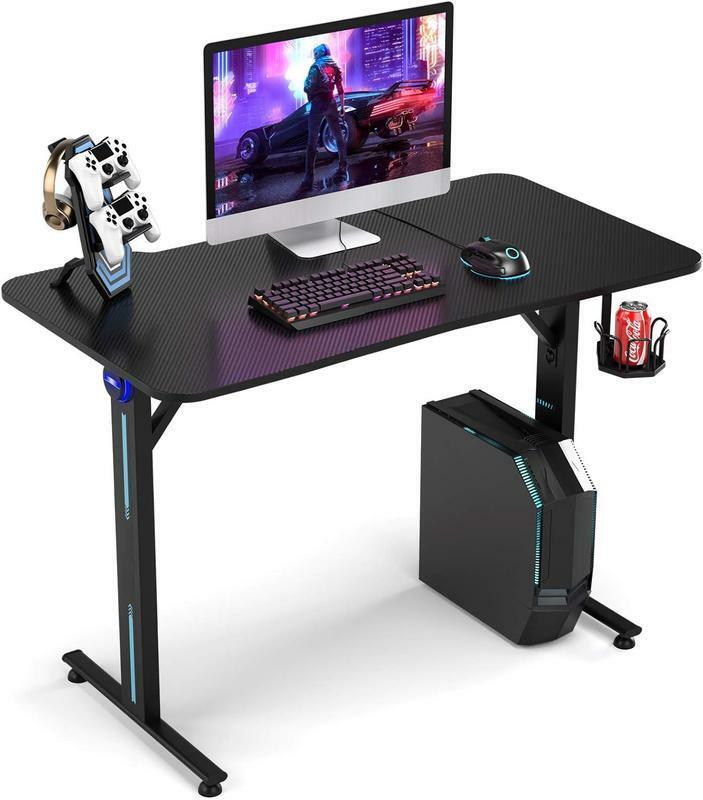 Costway-Gaming Desk, T-Shaped Computer Desk w/ Ergonomic Home Office Game Station with Carbon Fiber Surface