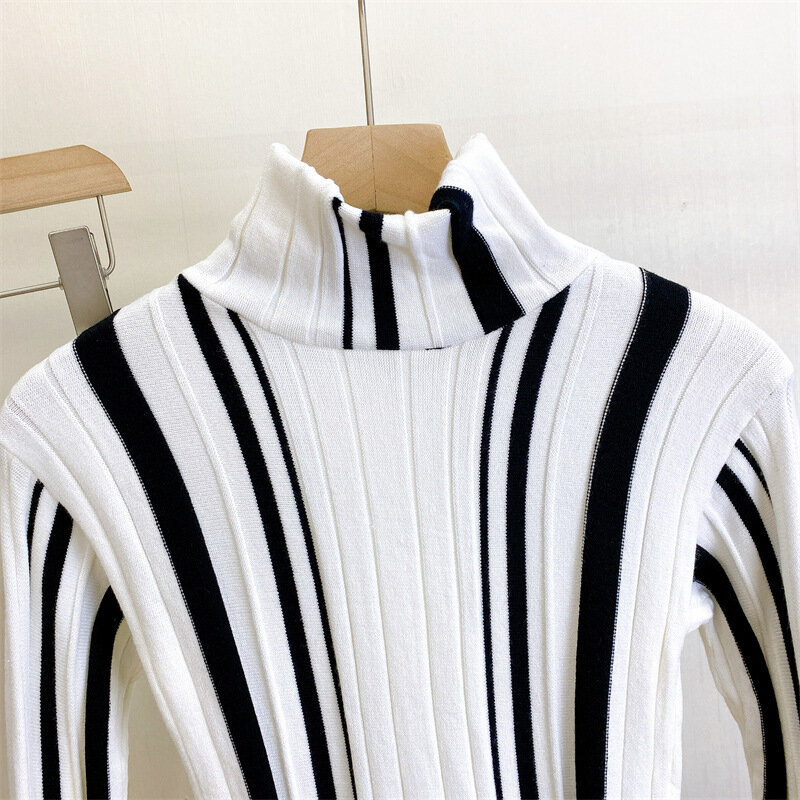 長袖の縦型ストライプのセーター,カラフルな市松模様のセーター,ハイカラー,薄手のトップ,秋冬