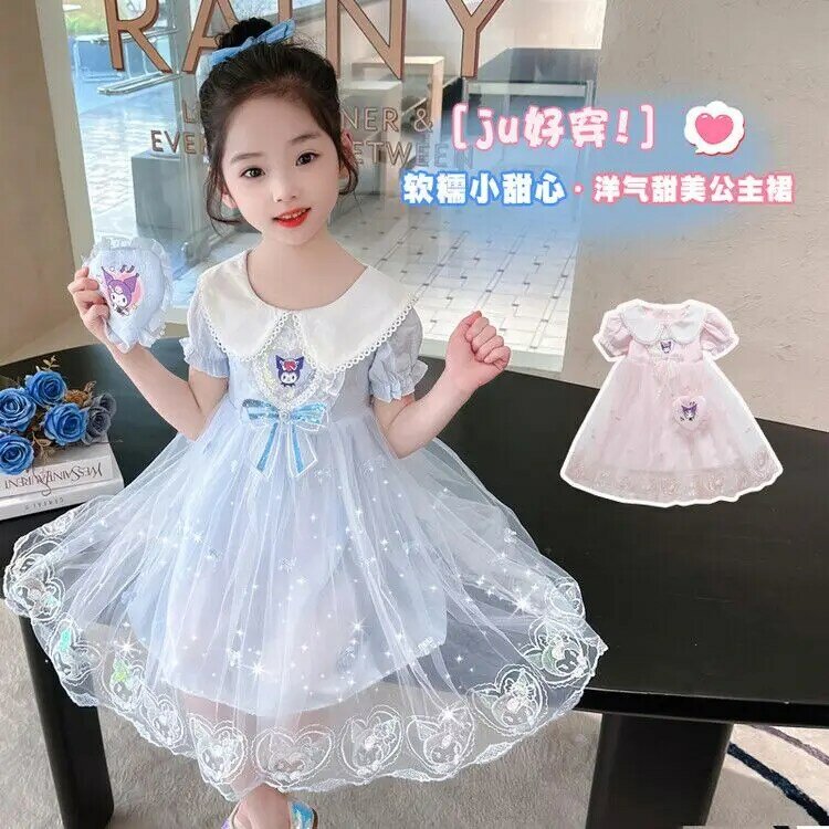 Anime Sanrios Kleid Kawaii Kuromi Mädchen Cartoon Kurzarm Gaze Kleid süße Prinzessin Kleid Sommer Geburtstags kleid Kinder Kleidung