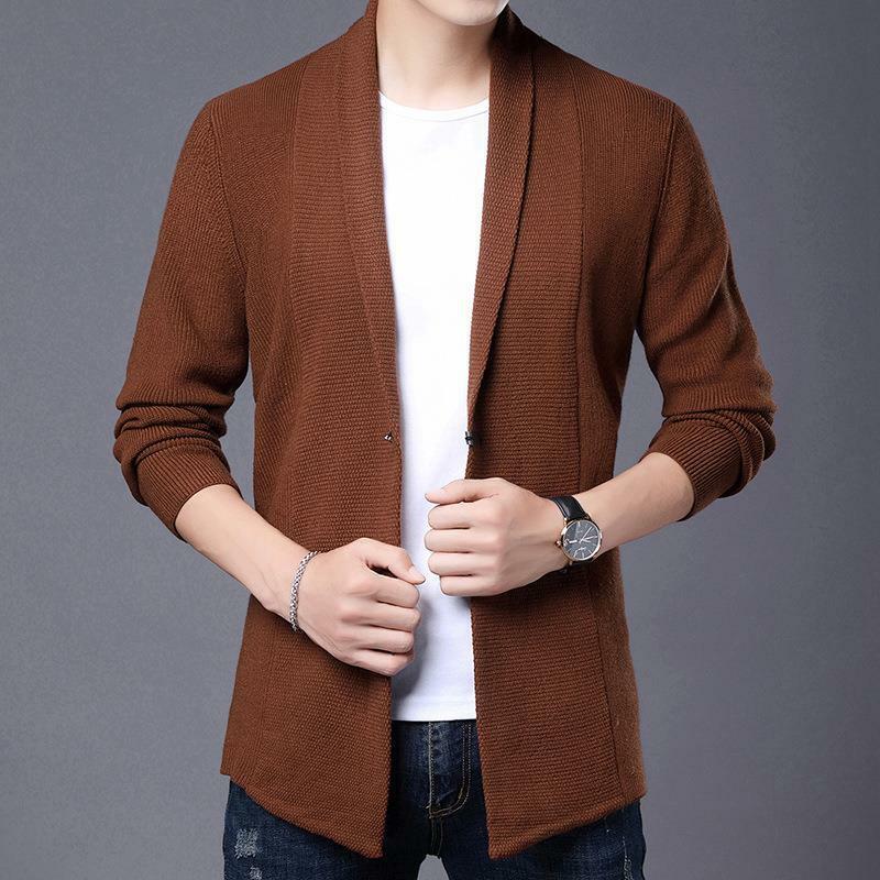 2023 Men's Autumn New Knitted Cardigan Youth Fashion Solid Color Mid-Length Outer Wear Casual Sweater