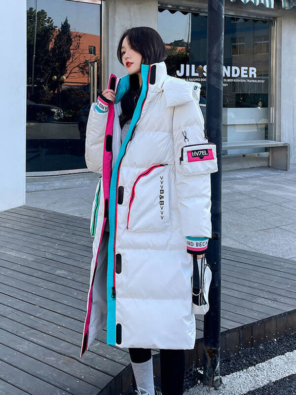 Mantel salju Parka mengilap wanita, jaket panjang bertudung longgar tahan angin hangat tahan hujan musim dingin 2023