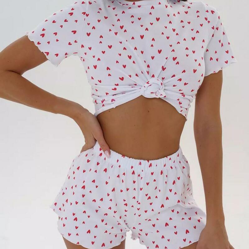 Conjunto de pijamas estampado coração feminino, camiseta de manga curta, calções de cintura elástica, pijama loungewear feminino, 2 peças