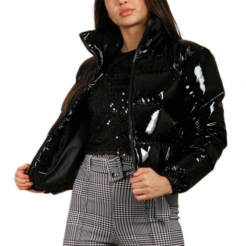 면 재킷 밝은 표면 부드러운 지퍼 짧은 재킷, 단색 스탠드 칼라 퀼트 코트, 데일리 웨어, 가을 겨울