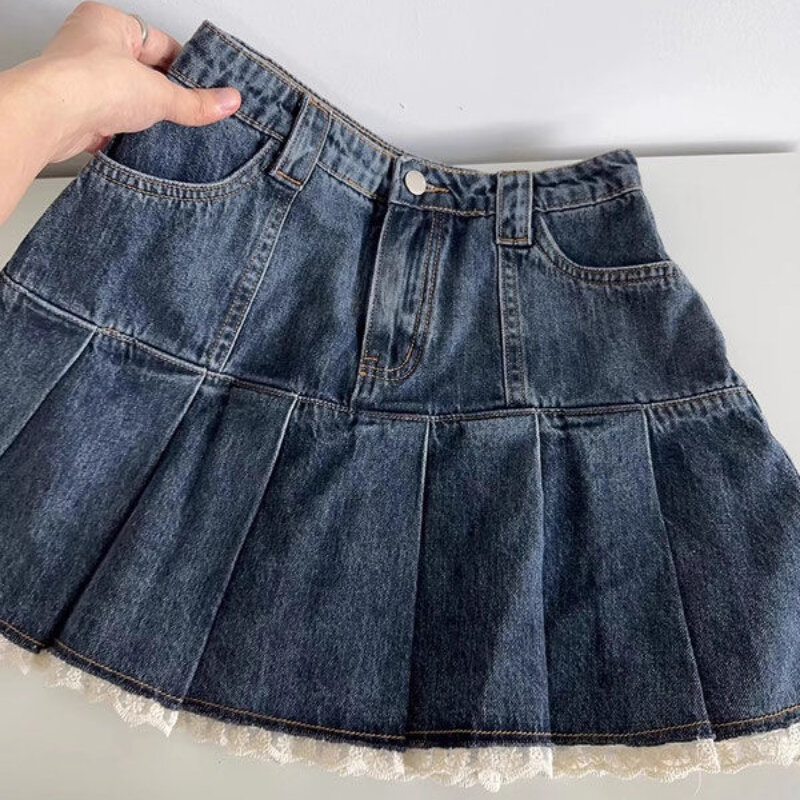 Deeptown-Mini saia jeans vintage feminina, saia curta, renda, retrô, patchwork Y2K, plissada, azul, casual, coreana, sweet streetwear