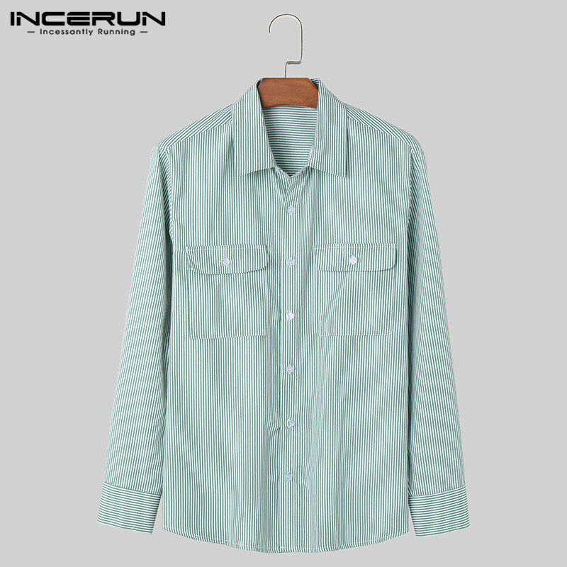 INCERUN-Camisa listrada de manga comprida masculina, lapela solta, bolsos, roupa casual, moda streetwear, lazer, S-5XL, 2024