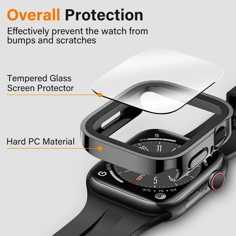 Cristal y funda para Apple Watch 7, 8, 45mm, 41mm, 49mm, 44mm, 40mm, borde recto, Protector de pantalla, funda para iWatch 4, 5, SE, 6, 7, 8, Ultra 49mm