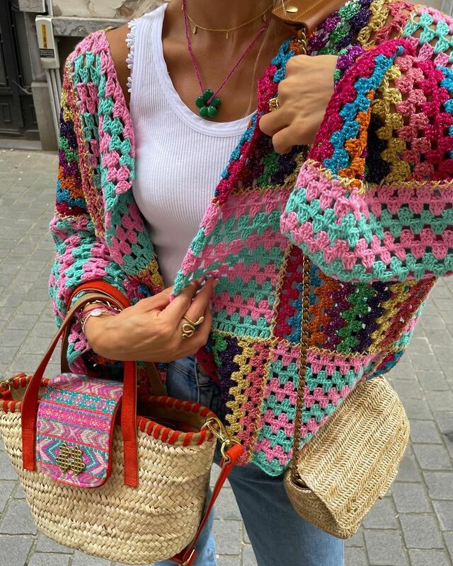 VOLALO Colorful Knit Stitch Hollow Out Cardigan Oversize donna aperto davanti manica lunga maglione con polsino svasato