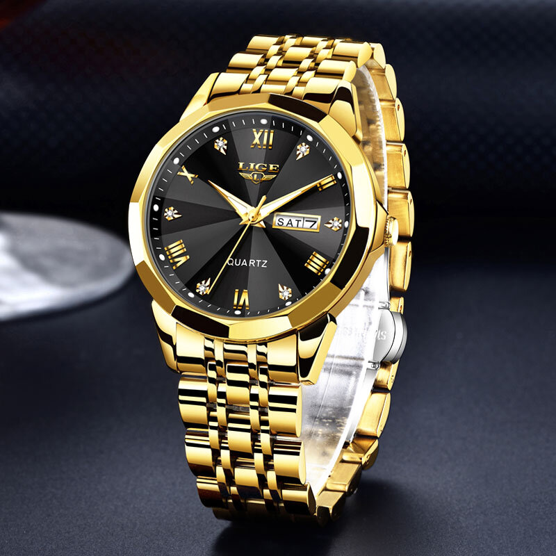 นาฬิกา Lige สำหรับผู้ชายหน้าปัดเพชรสุดหรูปฏิทินธุรกิจนาฬิกาข้อมือชายสายสแตนเลสนาฬิกากันน้ำ