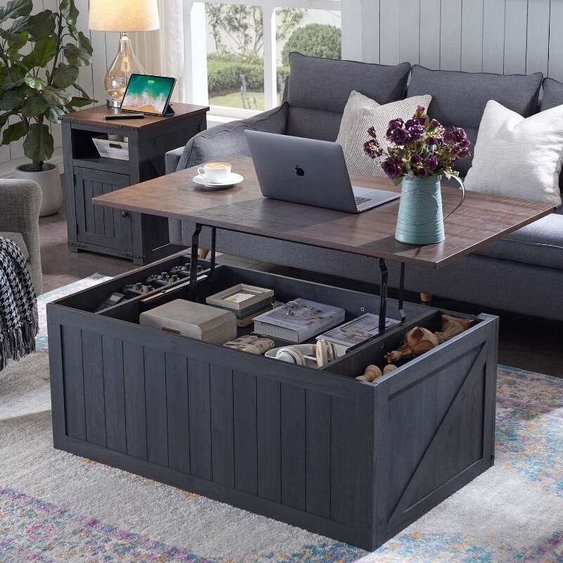 48” Lift Top Coffee Table with Storage & Sliding Groove Barn Door, Wood Cocktail Table w/Double Storage Spaces for Living Room
