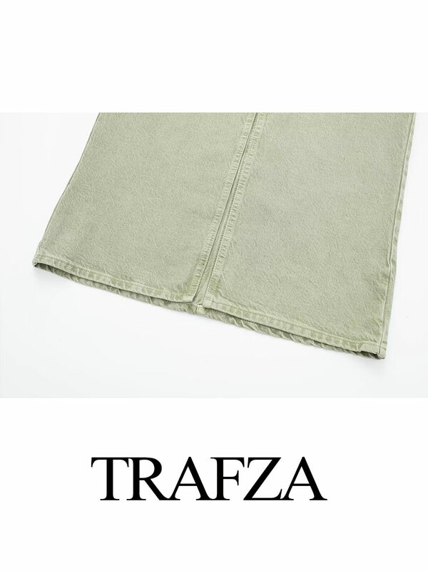 Trafza กระโปรงผ้ายีนส์สีเขียวอเนกประสงค์ของผู้หญิงสำหรับฤดูใบไม้ผลิ2024, กระโปรงมิดิทรงเอเอวสูงมีกระเป๋าหน้า
