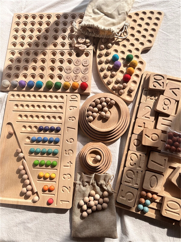 モンテッソーリ-木製感覚玩具,ブナのセル,半層,100ボードの1つ,フェルトのボール,アルファベットの数字,創造的な遊び
