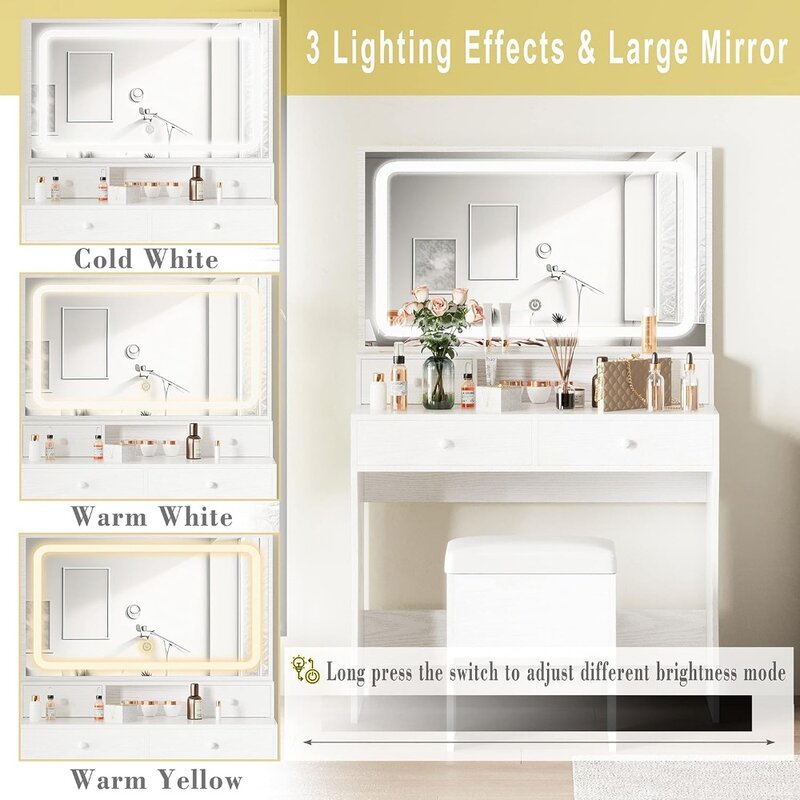 IlearCK-Ensemble de bureau de courtoisie avec miroir 4.2 par LED et prise de courant, table de maquillage avec 4 portes de proximité, banc de rangement pour chambre à coucher