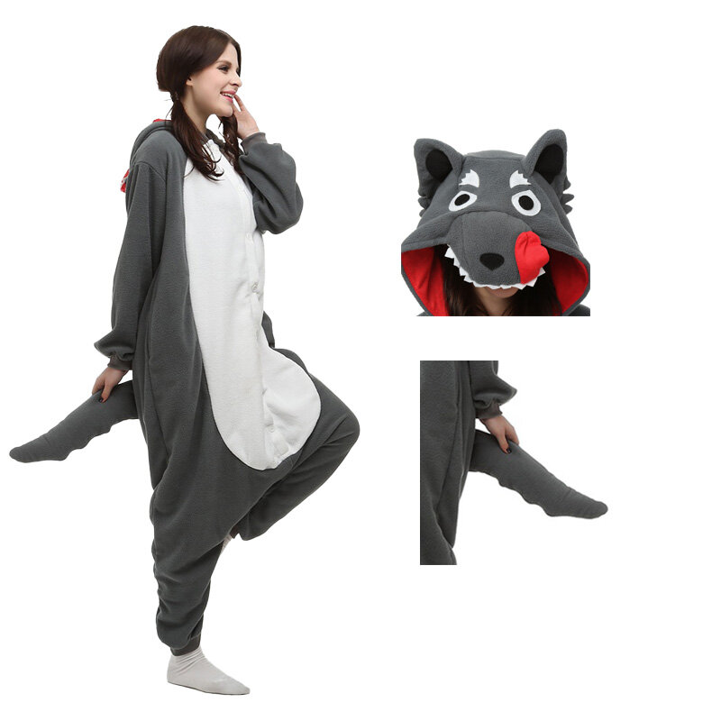 Комбинезон кигуруми в виде серого волка, пижама с длинными рукавами для взрослых, костюм для Хэллоуина, фестиваля, Женская Фланелевая пижама с капюшоном