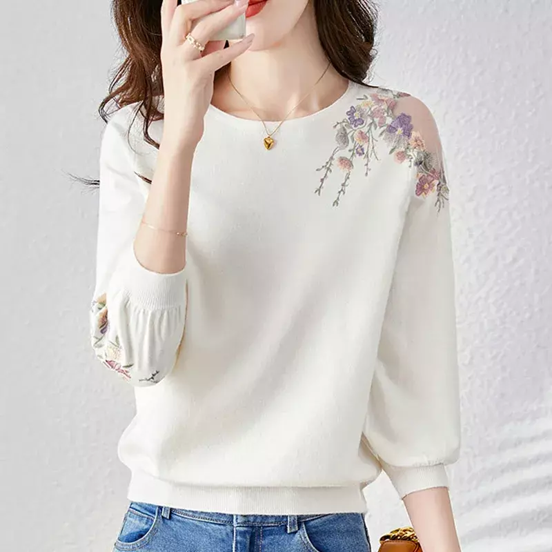 Sweater rajut bordir bunga musim panas Pullover wanita Fashion kasual Atasan Wanita 2024 rajutan leher-o Pullover Swearer wanita G416