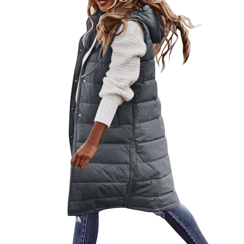 Jaqueta longa sem mangas com capuz feminina, colete com zíper acolchoado, casaco
