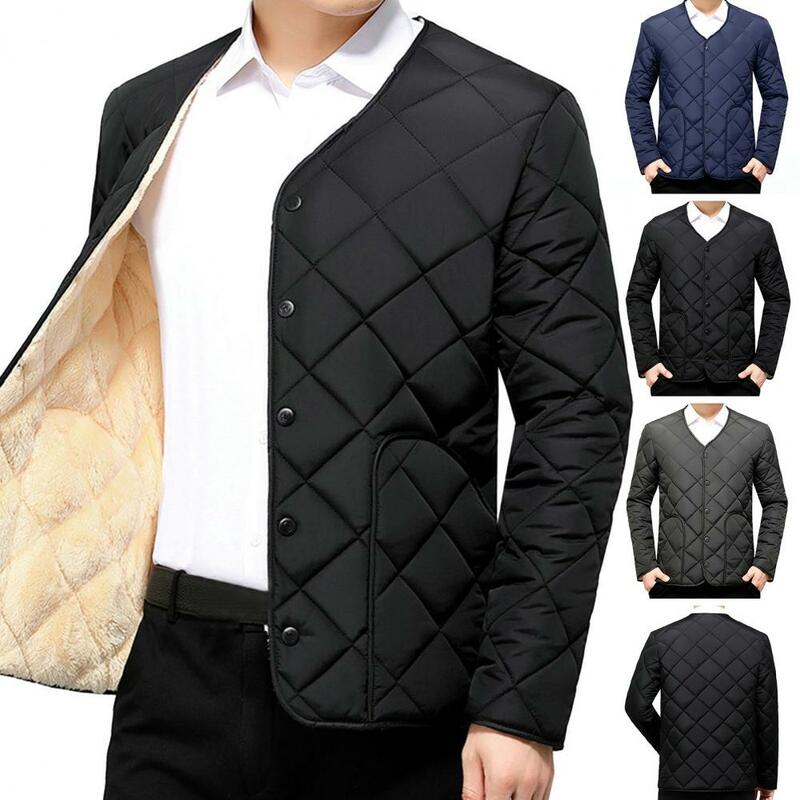 Men Single-breasted Jacket Men's Winter Down Padded Jacket with Fleece Lining Pockets Single Breasted Outerwear for Snow Warm