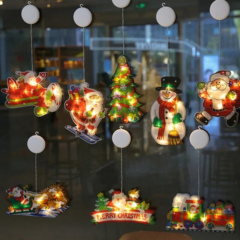 LED Sucção Cup Hanging Lights, Natal Party Window Decoração Lights, Papai Noel, boneco de neve, DIY Home Decorações Lâmpada