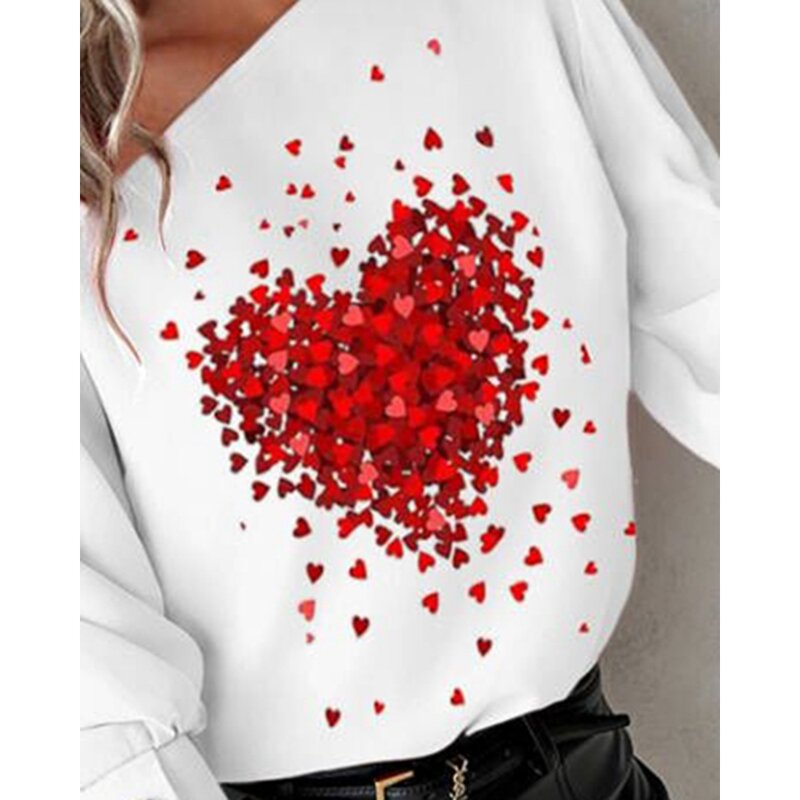Blusa branca elegante com estampa de coração para mulheres, blusa de ombro frio, design abotoado, manga longa, camisas casuais, moda, 2024
