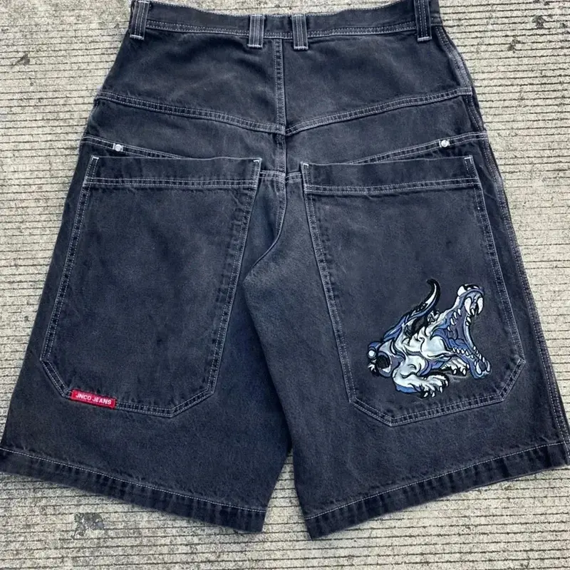 Hip Hop Retro szkielet Streetwear spodenki JNCO spodnie Y2K męskie luźne jeansowe spodenki gimnastyczne Harajuku gotyckie męskie koszykówka krótkie