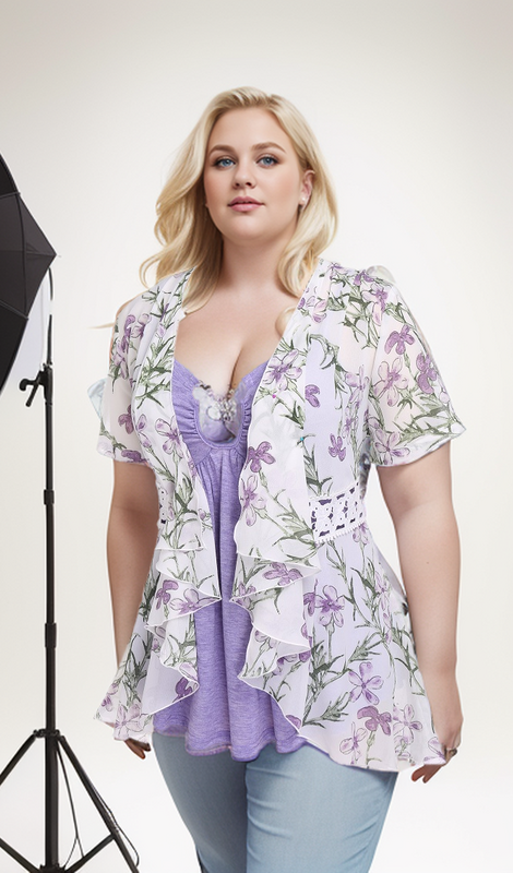 ROSEGAL Plus Size Women's Clothing T-Shirts Vest Two Piece Camis Top And Lace Panel Floral Chiffon Blouses Kimono Set
