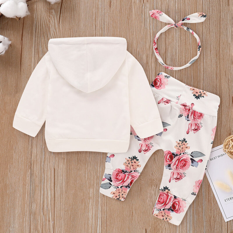 PatPat 3 Buah Setelan Celana Bayi Lengan Panjang Bertudung Motif Bunga dan Set Ikat Kepala Pakaian Bayi Balita Perempuan
