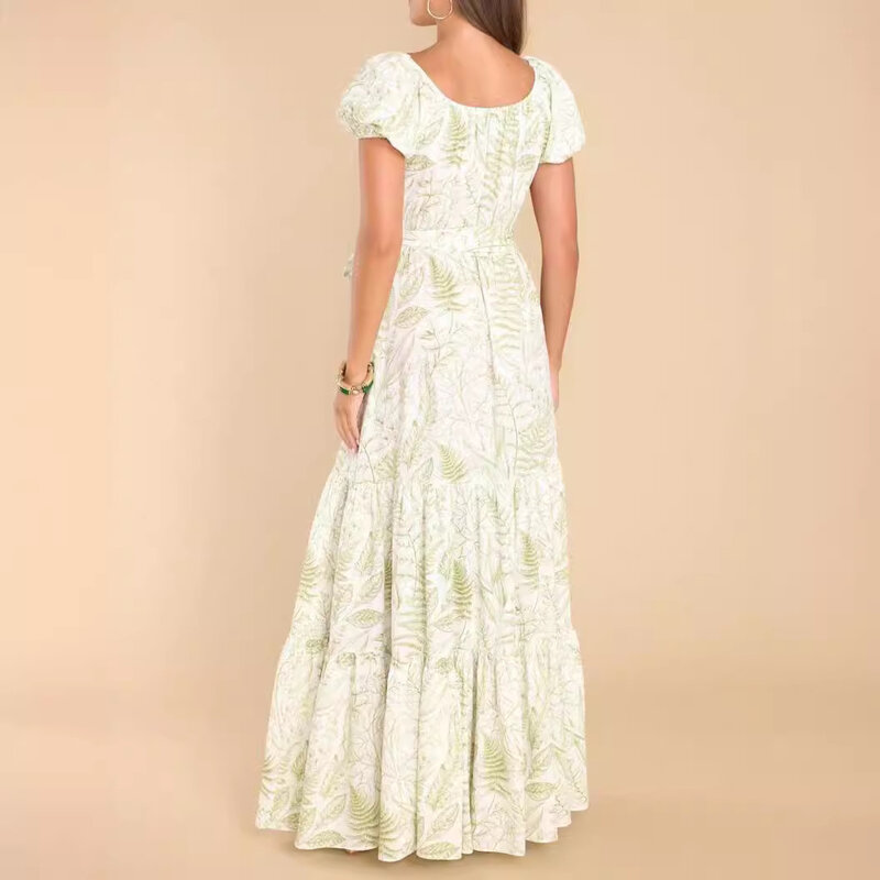 Новое поступление весна-лето 2024: длинное платье с цветочным принтом, рукавом-пузырьком, завязкой на талии и карманами-Женский Элегантный комплект