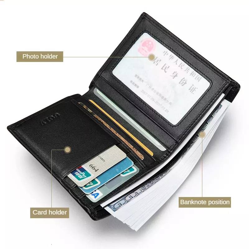 GOLF Men's Wallet Leather Flap Purse Black Money Clip Small Card Vertical Short Wallet for Men Coin Cardholder Anti Theft Brush