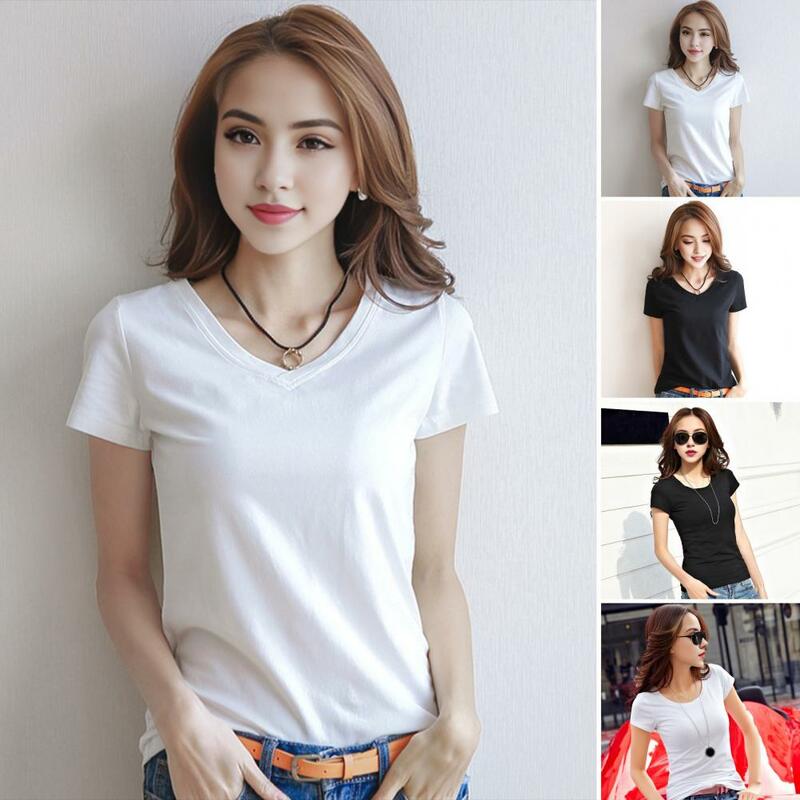 Comfortable Women Top Stylish Women's V-neck Summer T-shirt Slim Fit Solid Color Pullover Tops for Streetwear Fashionistas Women