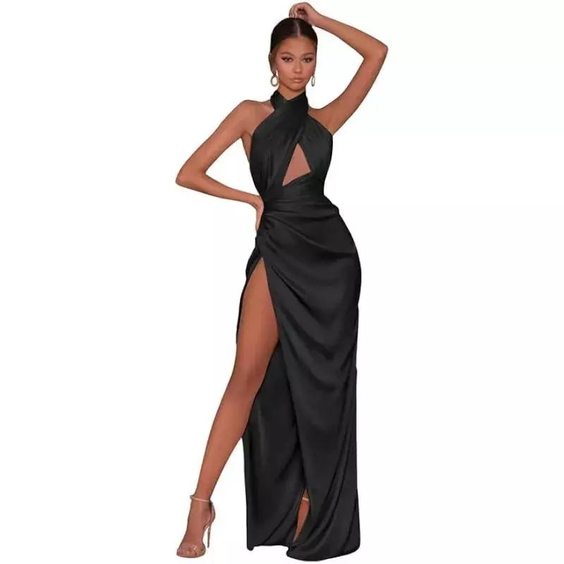 Wakuta 섹시한 인어 새틴 무도회 드레스, 긴 볼 가운, 2024 홀터 플리츠 백리스, 슬릿 포멀 이브닝 가운