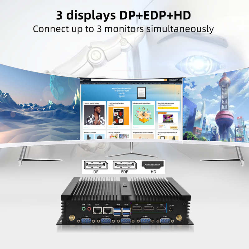 Mini PC industriale senza ventola Core i5 8250U i7 8550U porta LPT HD DP EDP 3 display COM WiFi BT robusto Computer compatto