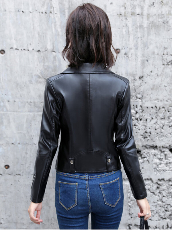 New Women Leather Jacket Spring Autumn Casual Fashion Suit Collar Slim Split Leather Outerwear Motorbiker Style Short Coat