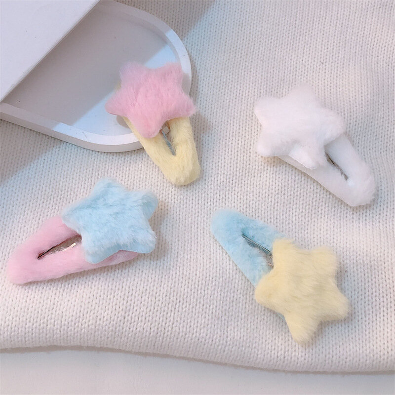 1Pcs Winter Plush Star Shaped Hair Clips Barrettes Candy Color Side Bangs Snap BB Hairpin Simple Children Headwear
