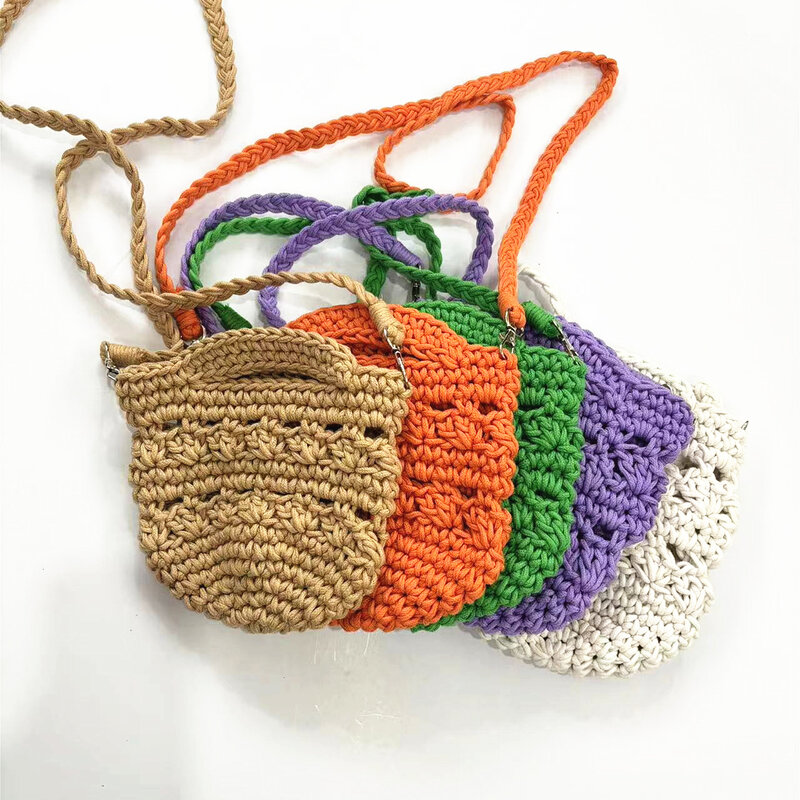 Candy Color Knitting Shoulder Bag Handmade Crochet Handbags Mini Rope Woven Crossbody Bags for Women Designer Hollow Beach Bag