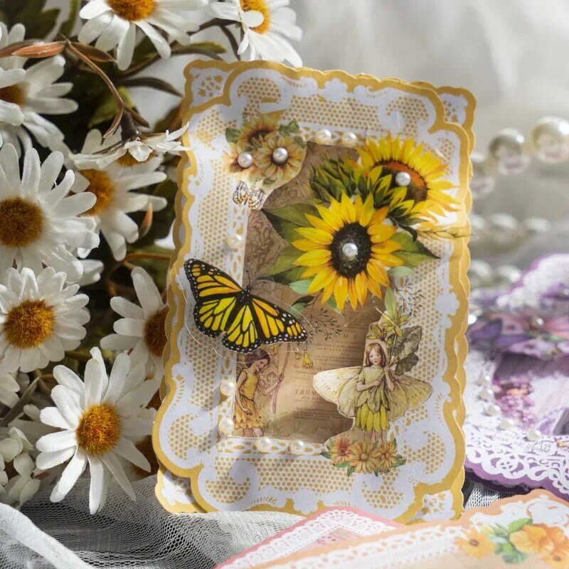 20Pieces Retro Flowers lace Side Frame Memo Base Paper Yellow Sunflower Material forest Decoration Seal Scrapbook Account