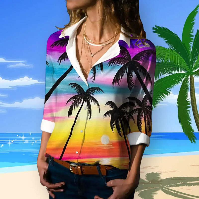 المرأة طويلة الأكمام هاواي زر قميص ، قمم المتضخم ، نمط خمر ، قمصان مكتب أنيقة ، السيدات ، 6XL ، الربيع ، الخريف
