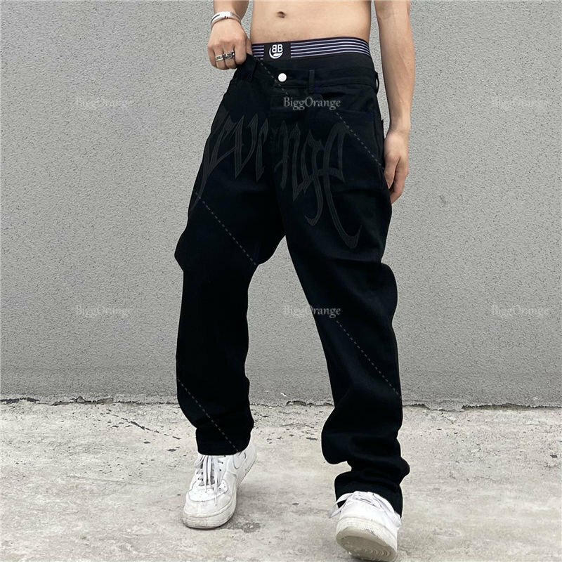 Celana Denim Alt Hip Hop Pria Y2K Emo Fashion Pria Celana Jeans Baggy Bordir Jalanan Hitam Celana Panjang Lurus Pakaian