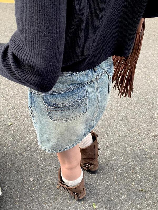 Saia curta jeans feminina com bolsos, cintura alta, versátil, cobertura de quadril, tamanho grande, gorda, gostosa, americana, primavera e verão
