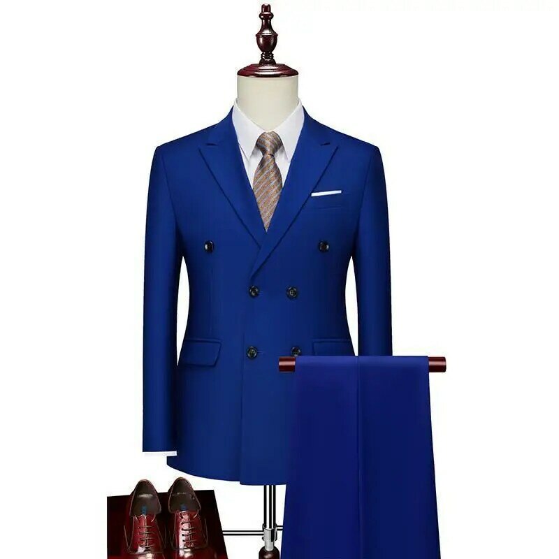 Men's Suit 2 Pieces Business Casual Set Double Breasted Solid Color Suitable For Wedding Banquet Set Jacket With Pants