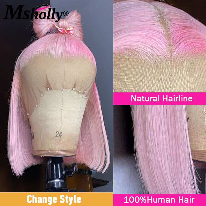 Peluca de cabello humano liso para mujer, pelo corto Bob, color rosa, azul, sin pegamento, HD, encaje, 13x6, Remy brasileño predespuntado