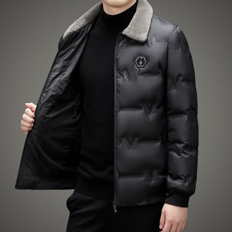 Зимняя Мужская Утепленная парка, однотонная простая приталенная деловая Повседневная зимняя куртка с плюшевым воротником для мужчин