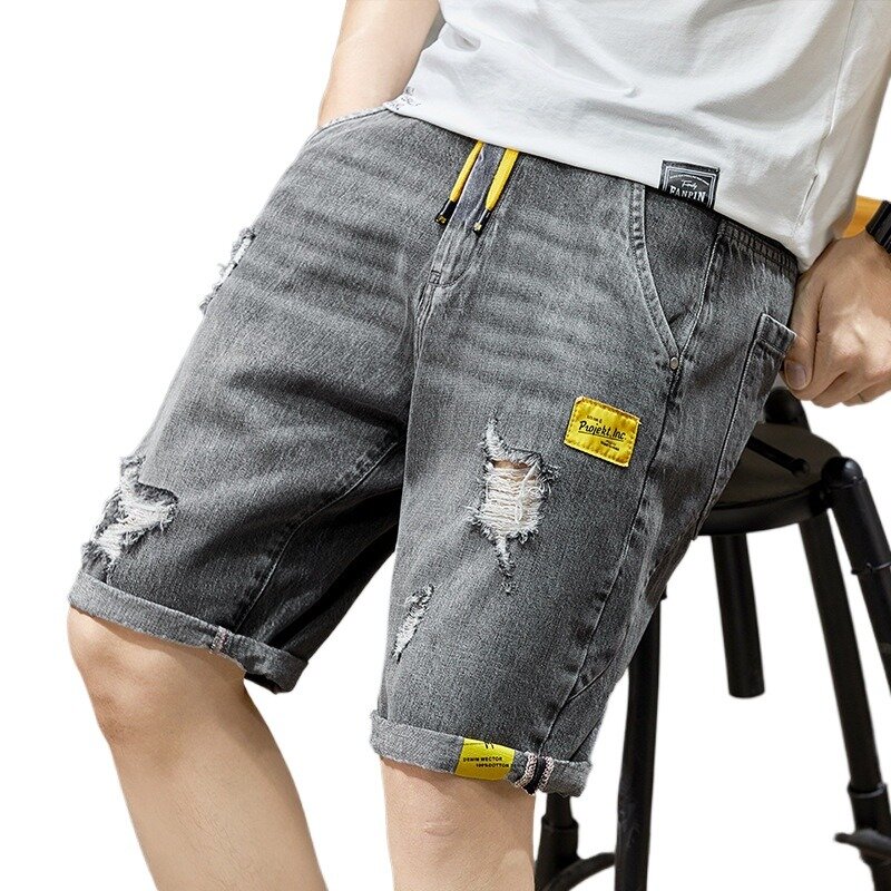 Мужские джинсовые шорты, летние свободные мужские брюки с эластичным поясом, 2024