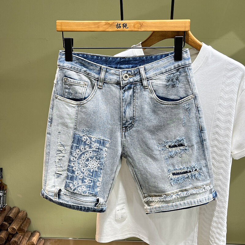 Celana pendek Denim pria, Jeans tambal sulam pas badan kaki lurus bordir modis personal kasual lubang tambalan musim panas