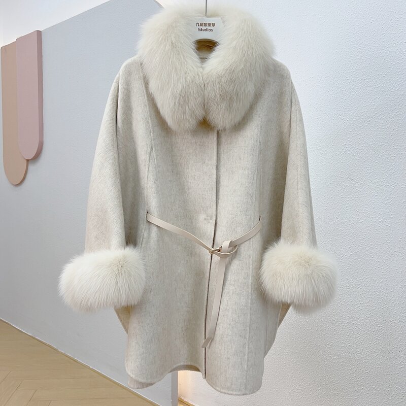 Manteau d'hiver en fourrure de renard véritable pour femme, 100% laine, veste chaude en cachemire Everak, poignées, col amovible, optique de luxe, manteau femme