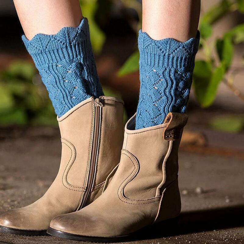 Aquecedores de perna tricotados para mulheres, punhos, guarnição de renda crochê, meias Toppers, quentes, moda