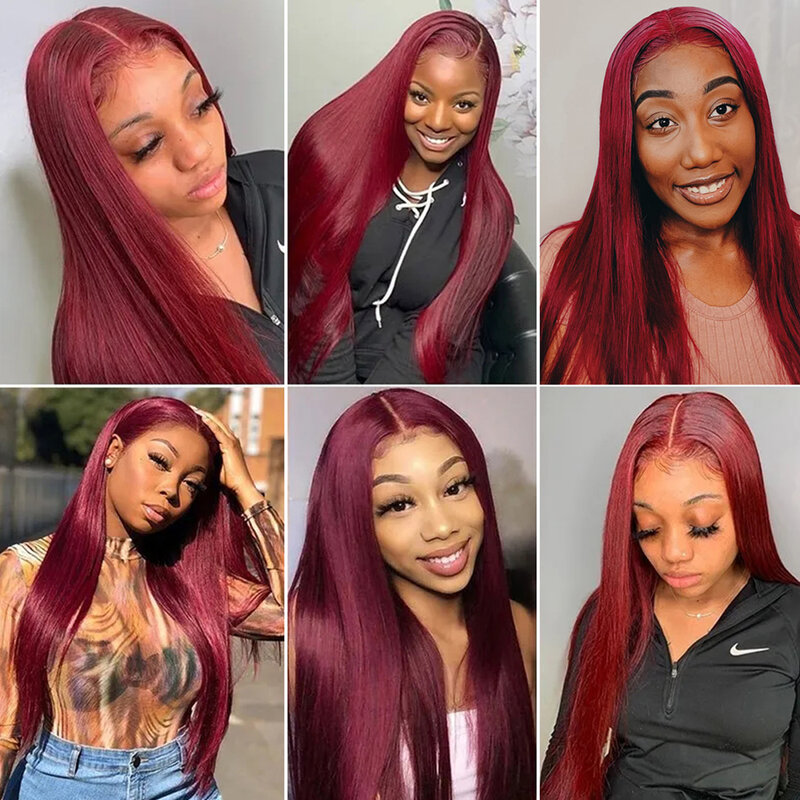 13x6 99j Burgundy Lace Front Human Hair Wig 30 Inch Bone Straight Hd Lace Frontal Wig 200 Density Glueless Pre Plucked Lace Wig